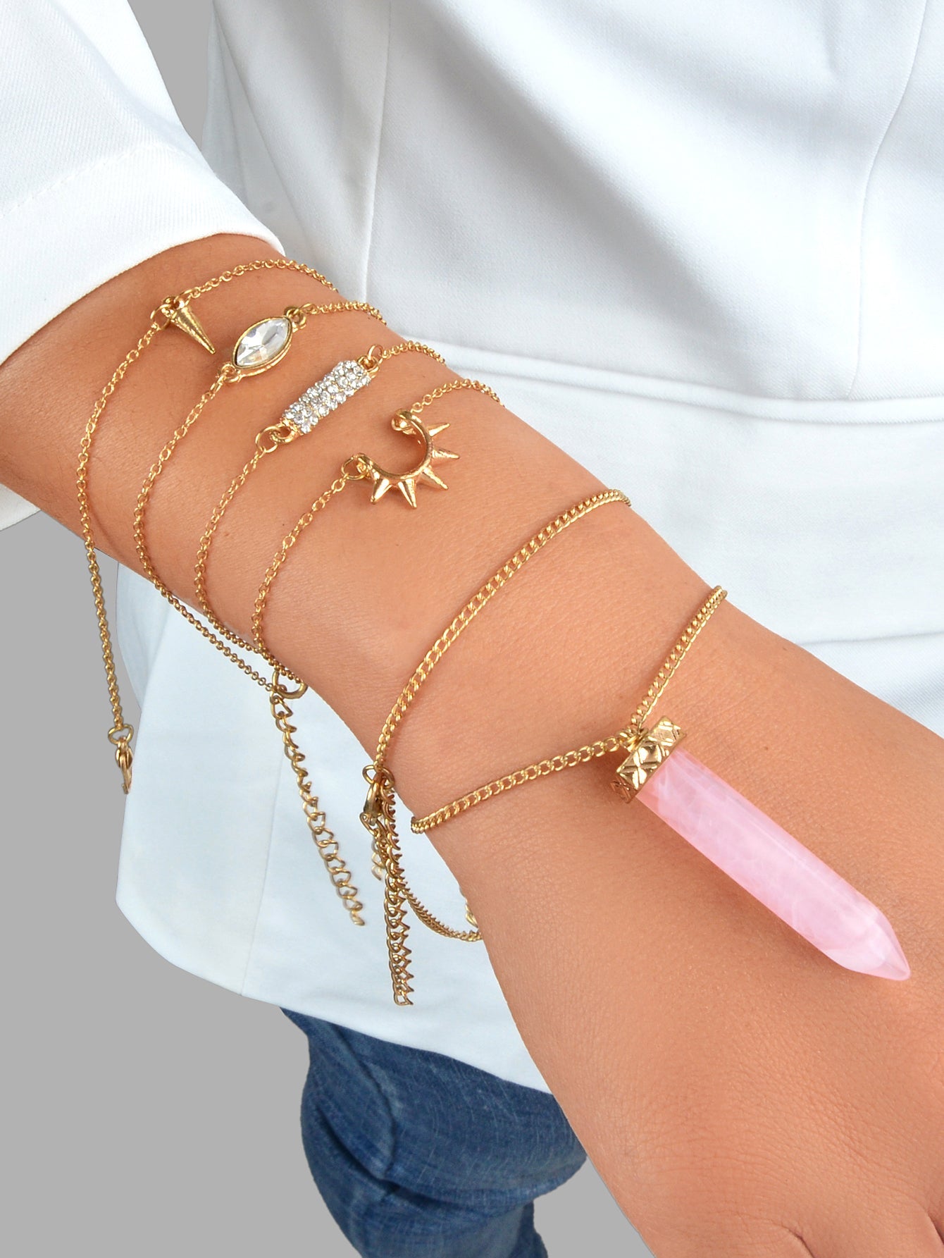 5pcs Boho Chic Gold Chain Rhinestone Spike Pink Hexagonal Gemstone Bracelets set-1