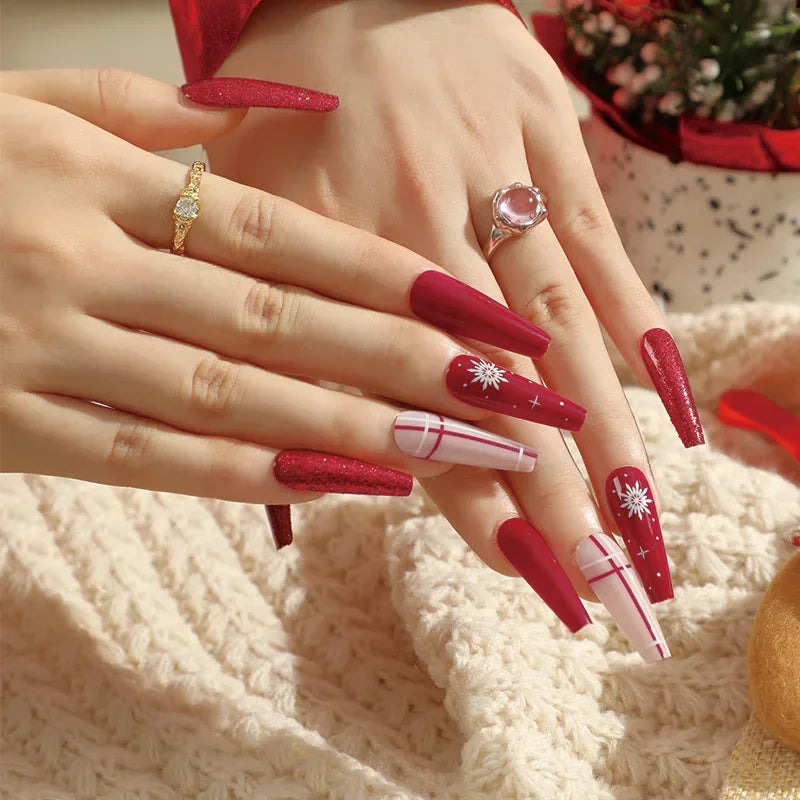 Gold Powder Christmas Fake Nails-63