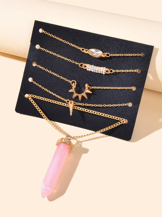 5pcs Boho Chic Gold Chain Rhinestone Spike Pink Hexagonal Gemstone Bracelets set-0