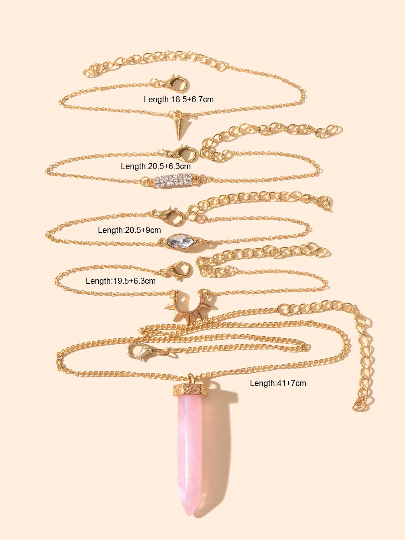 5pcs Boho Chic Gold Chain Rhinestone Spike Pink Hexagonal Gemstone Bracelets set-2