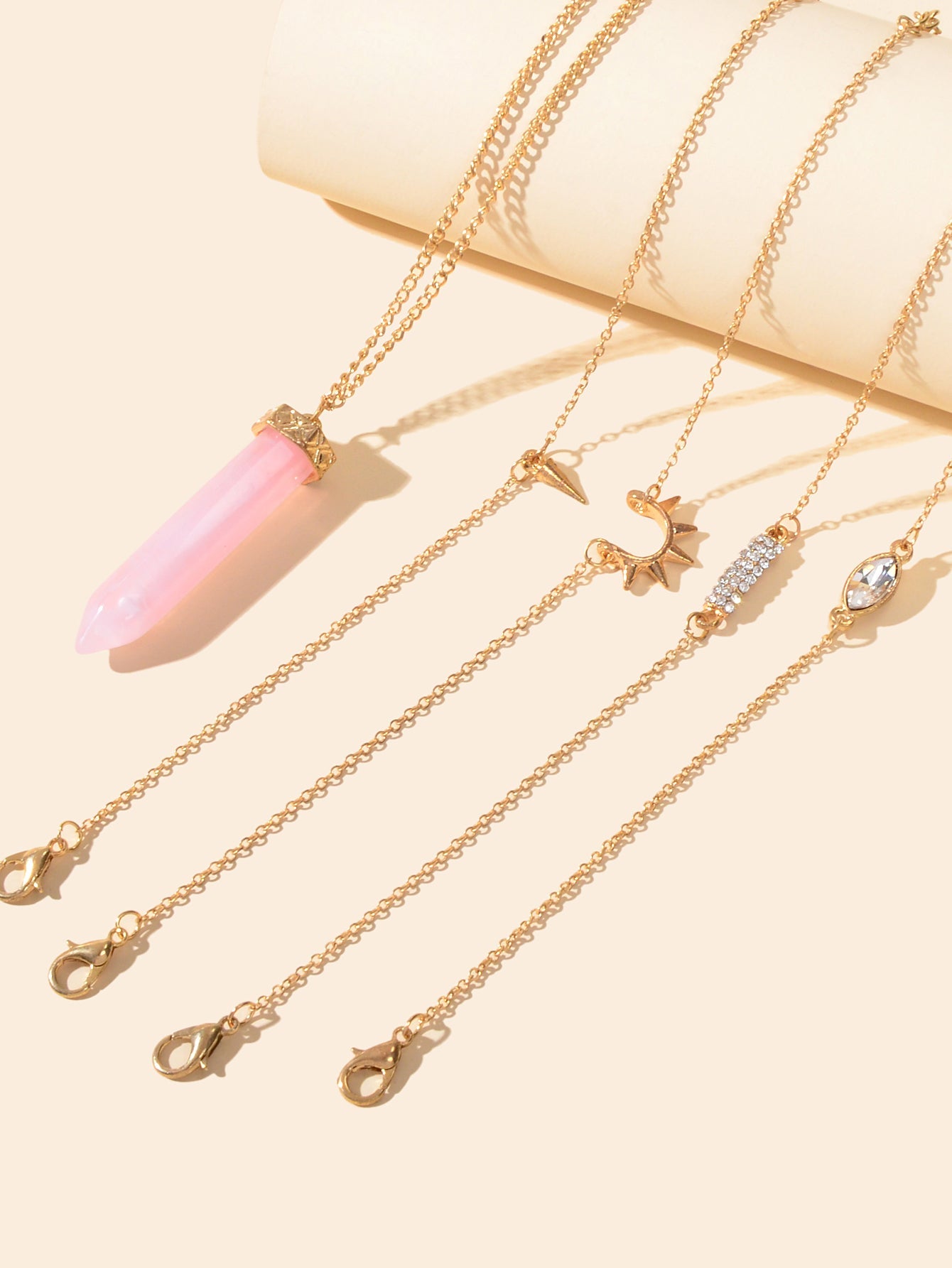 5pcs Boho Chic Gold Chain Rhinestone Spike Pink Hexagonal Gemstone Bracelets set-3