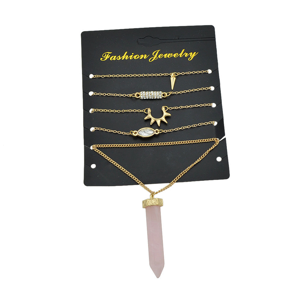 5pcs Boho Chic Gold Chain Rhinestone Spike Pink Hexagonal Gemstone Bracelets set-4