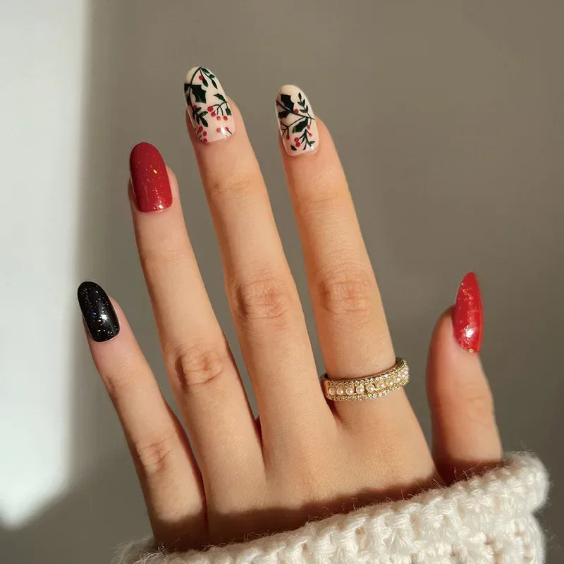 Gold Powder Christmas Fake Nails-15