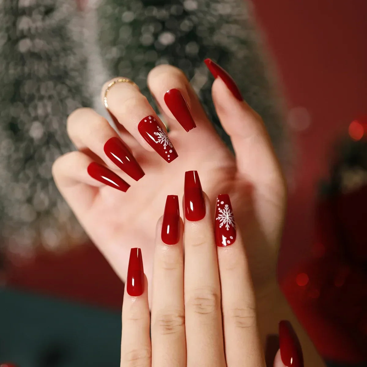 Gold Powder Christmas Fake Nails-25