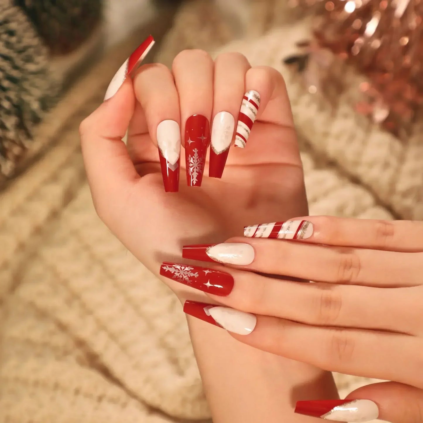 Gold Powder Christmas Fake Nails-53
