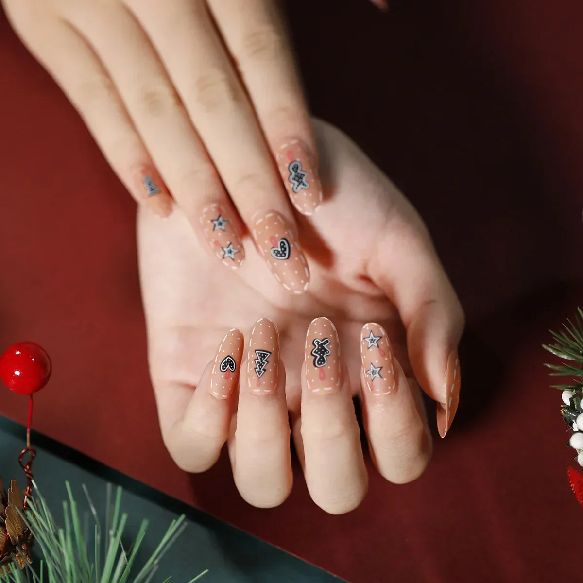 Gold Powder Christmas Fake Nails-30