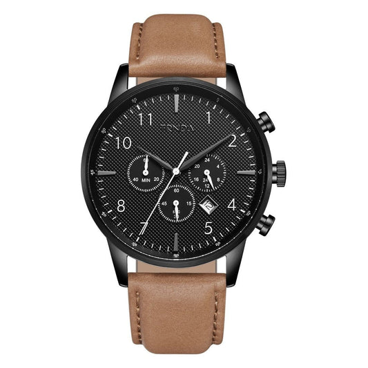 TRNDA Men's Black Stainless Steel Watch, Tan Leather Band | TRN43MM-0