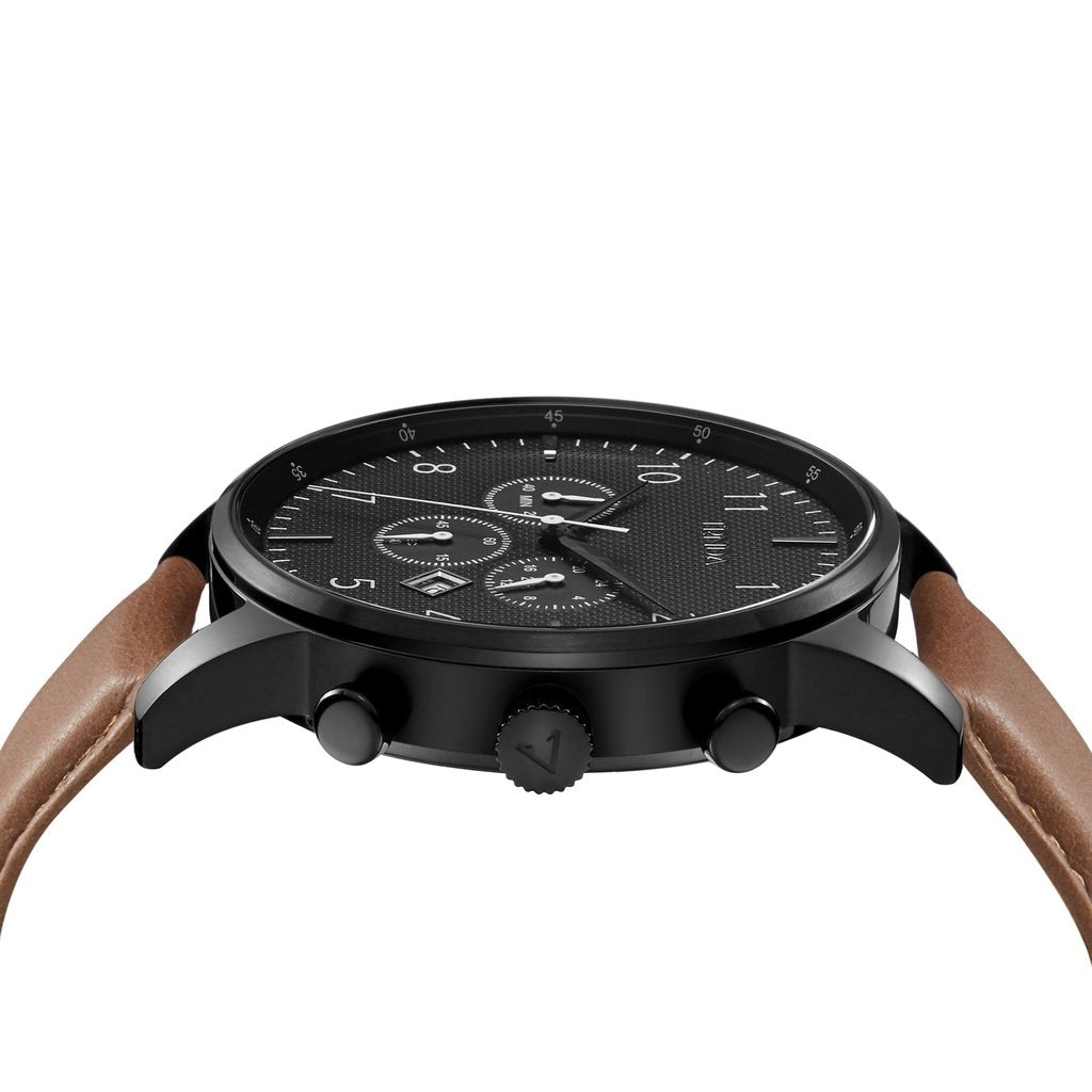 TRNDA Men's Black Stainless Steel Watch, Tan Leather Band | TRN43MM-2