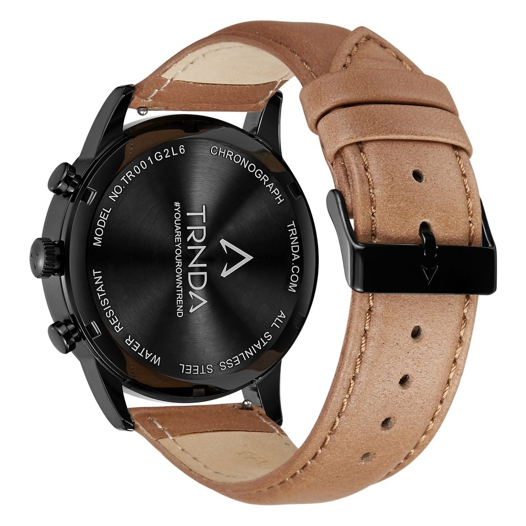 TRNDA Men's Black Stainless Steel Watch, Tan Leather Band | TRN43MM-3