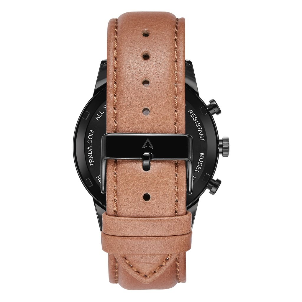 TRNDA Men's Black Stainless Steel Watch, Tan Leather Band | TRN43MM-4